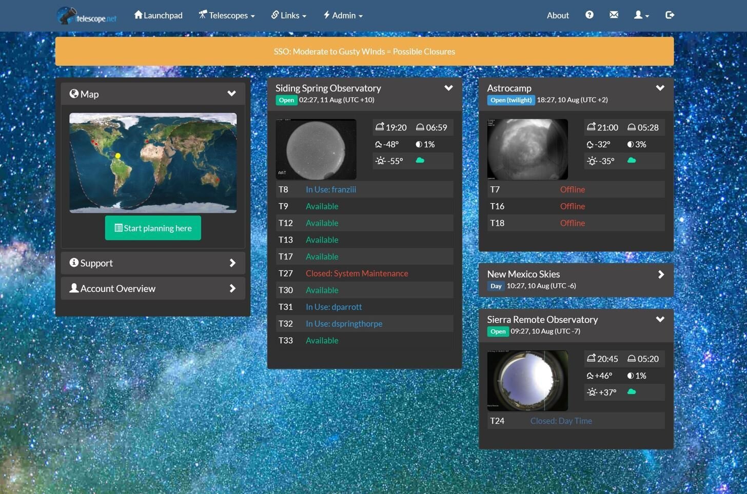 Launchpad displaying all the observatories and telescopes.