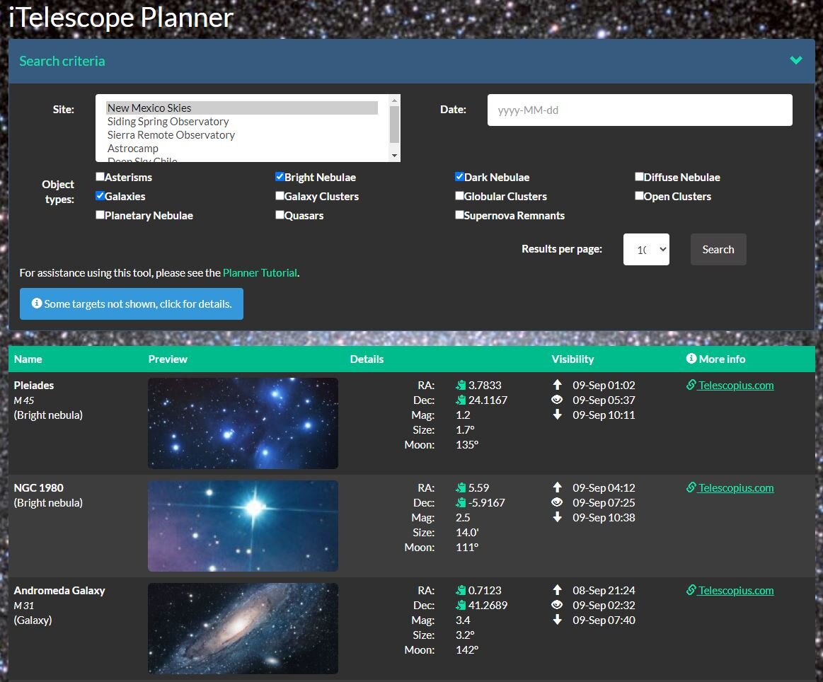 Planner allows members to select astro imaging targets with ease.
